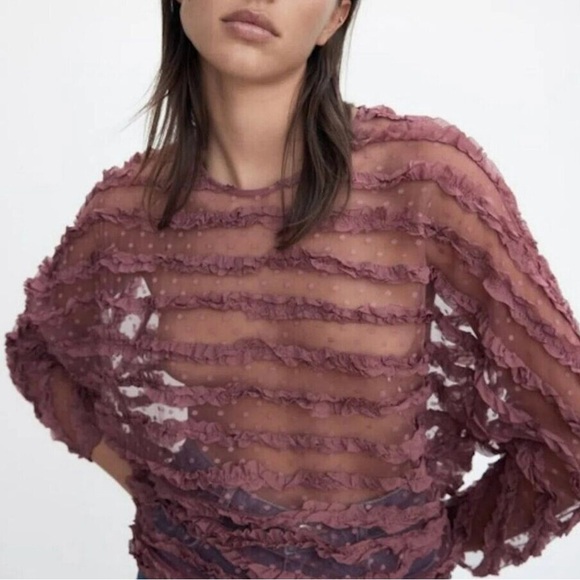 Zara Sheer Ruffled Blouse in Mauve Size  XS New Without Tags - Picture 1 of 8